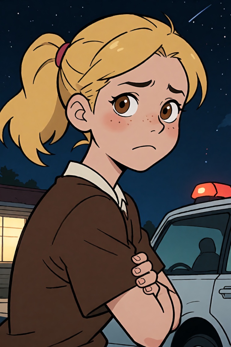 a 20 years old girl with brown shiny eyes,  blonde hair in a ponytail,  deeply sad expression on Tensor.Art