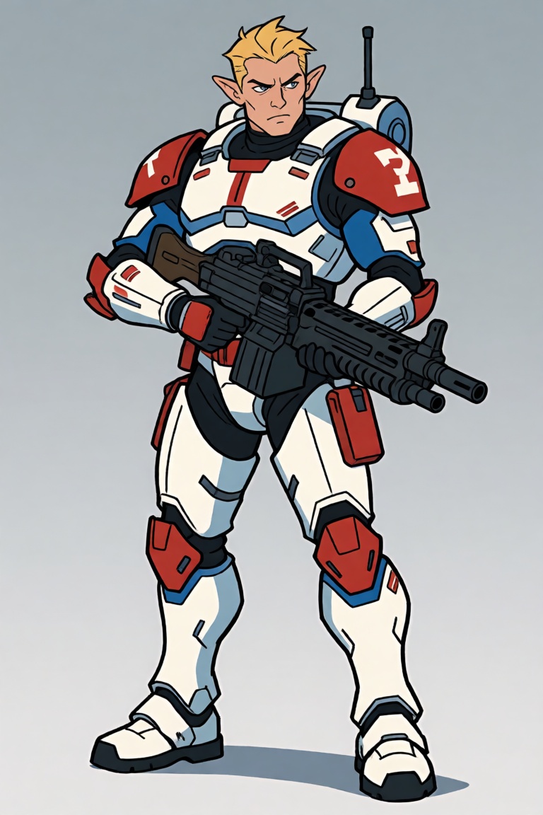 Rtoon,  high elf sci fi soldier wearing heavy sci fi armor,  white and red and blue armor on Tensor.Art
