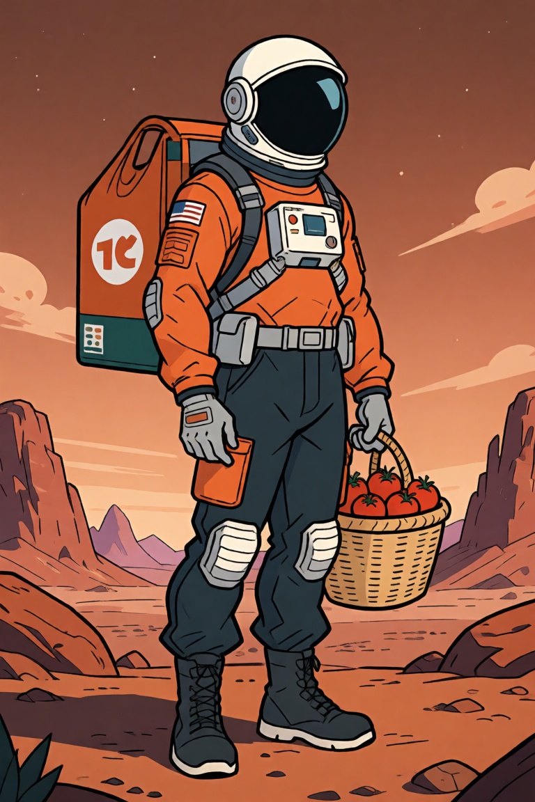 Rtoon,  astronaut with a delivery man's bag on his back and a basket of tomatoes in his hand,  mars background on Tensor.Art