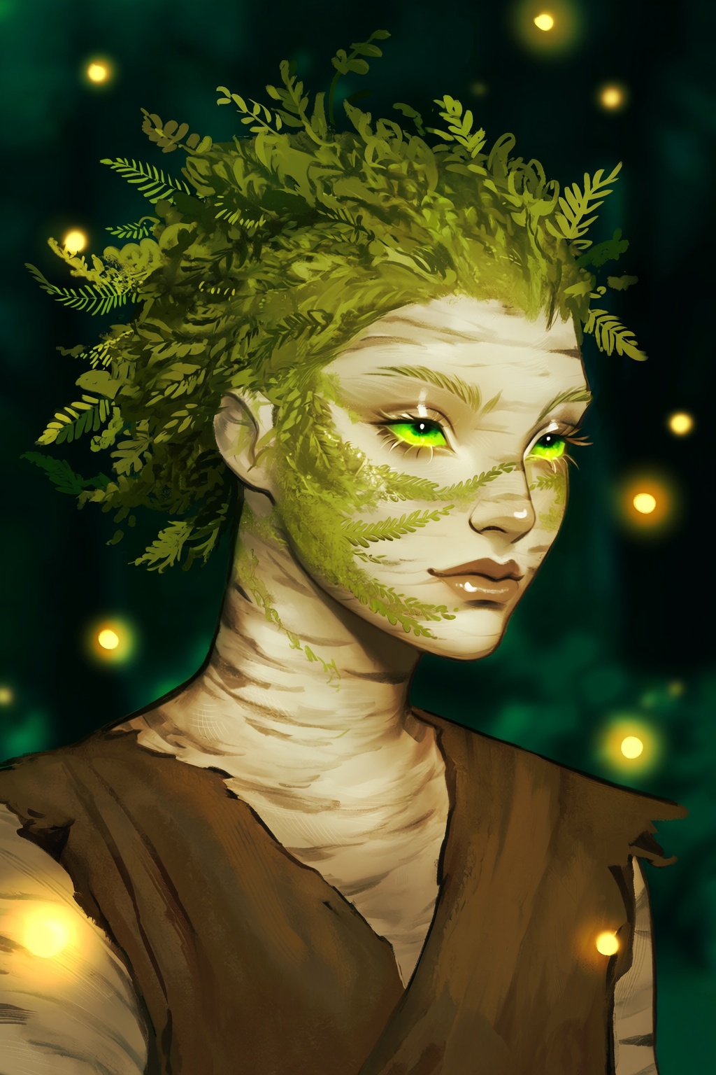 highres,  absurdres,  @gittanart This stylized digital illustration features an ethereal forest spirit. The character has...