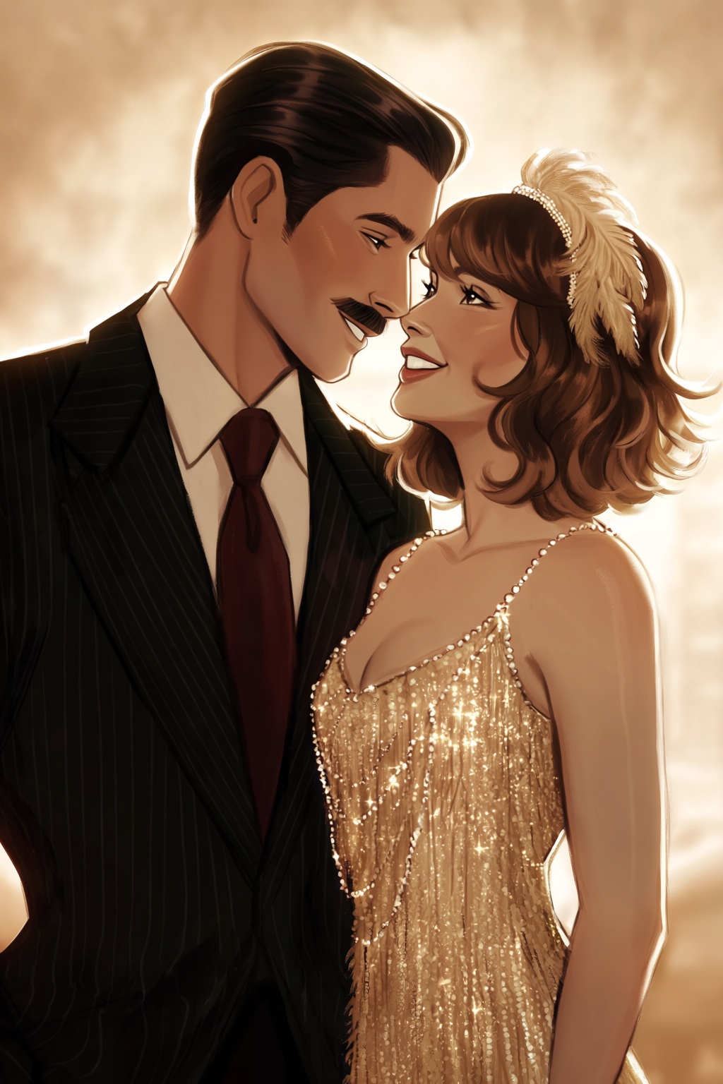 highres,  absurdres,  @gittanart This digital painting features an intimate portrait of a romantic couple standing close t...