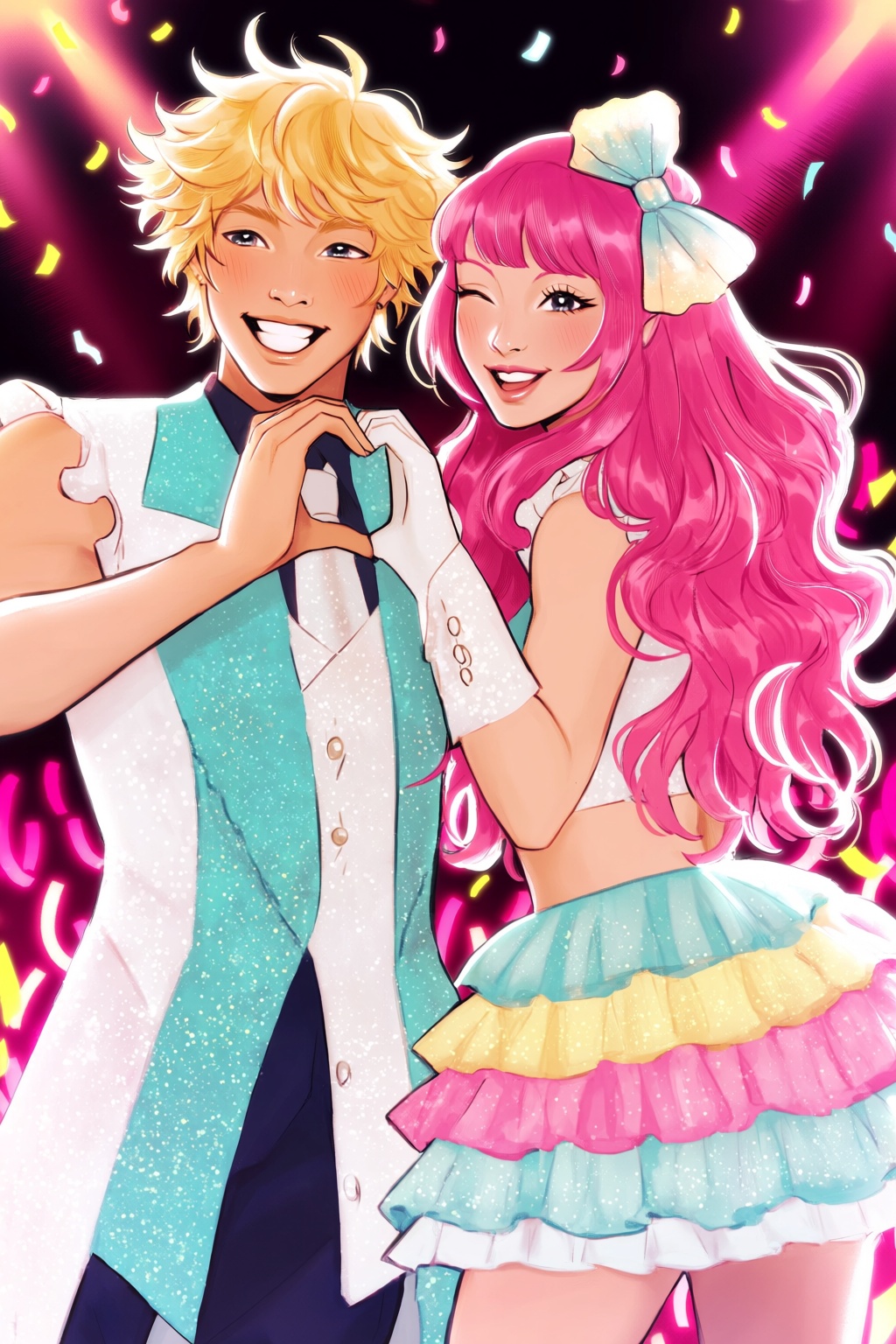 highres,  absurdres,  @gittanart A vibrant digital illustration portrays a cheerful pop idol couple standing side-by-side....