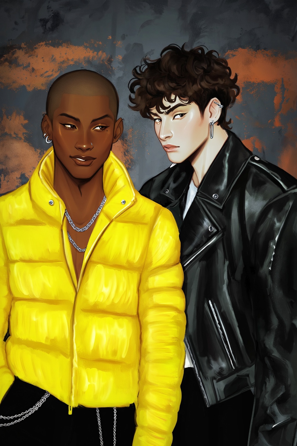 highres,  absurdres,  @gittanart A stylized digital painting depicts two young men standing shoulder-to-shoulder in a diml...
