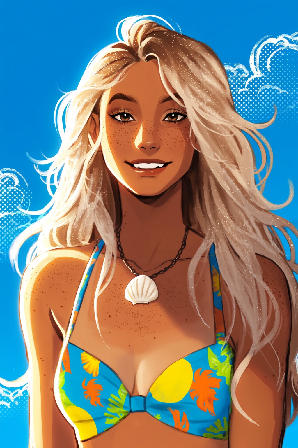 highres,  absurdres,  @gittanart A stylized digital illustration features a sun-tanned young woman with long on Tensor.Art