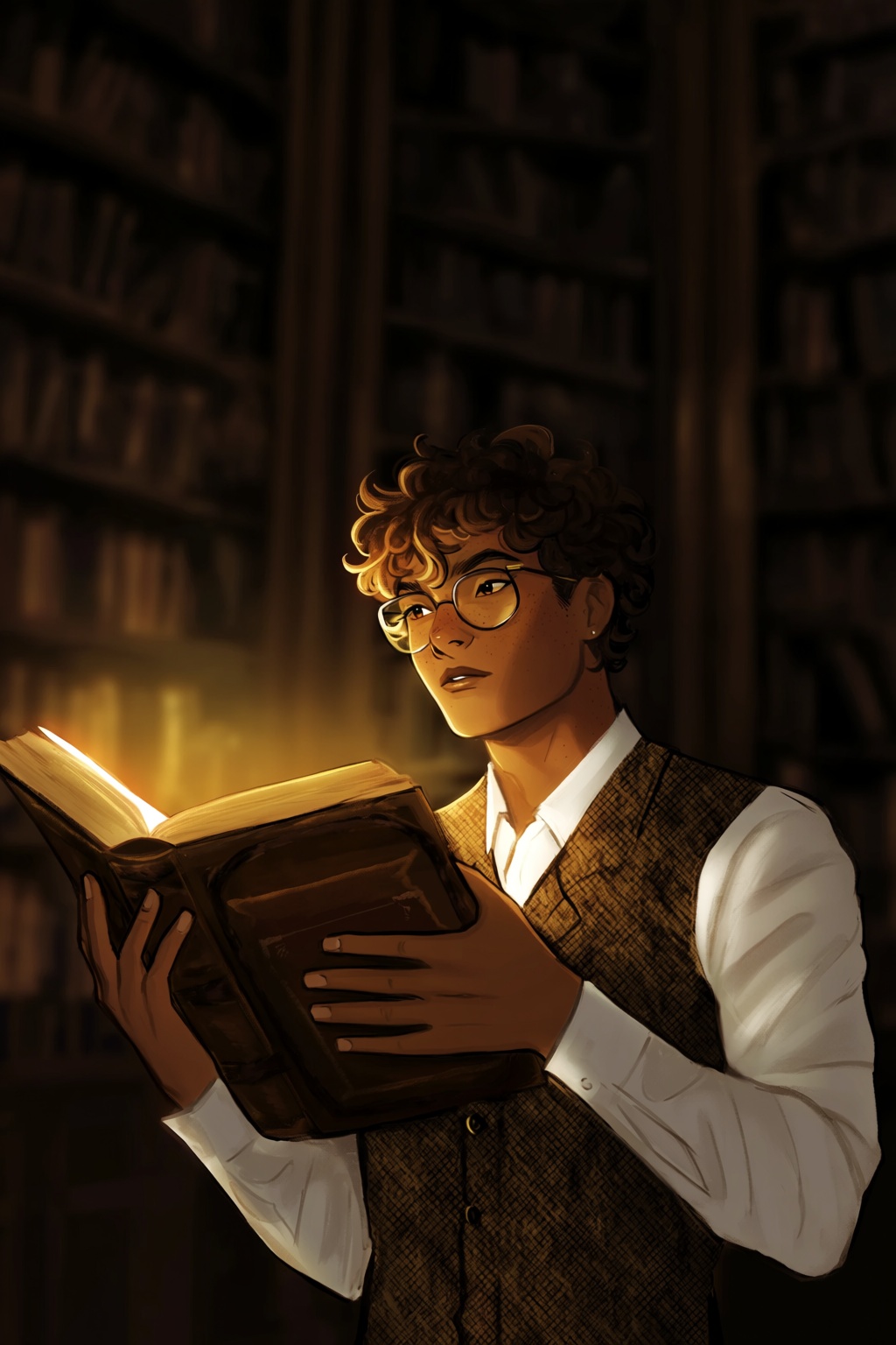 highres,  absurdres,  @gittanart This digital painting depicts a thoughtful student immersed in a dark academia setting. T...