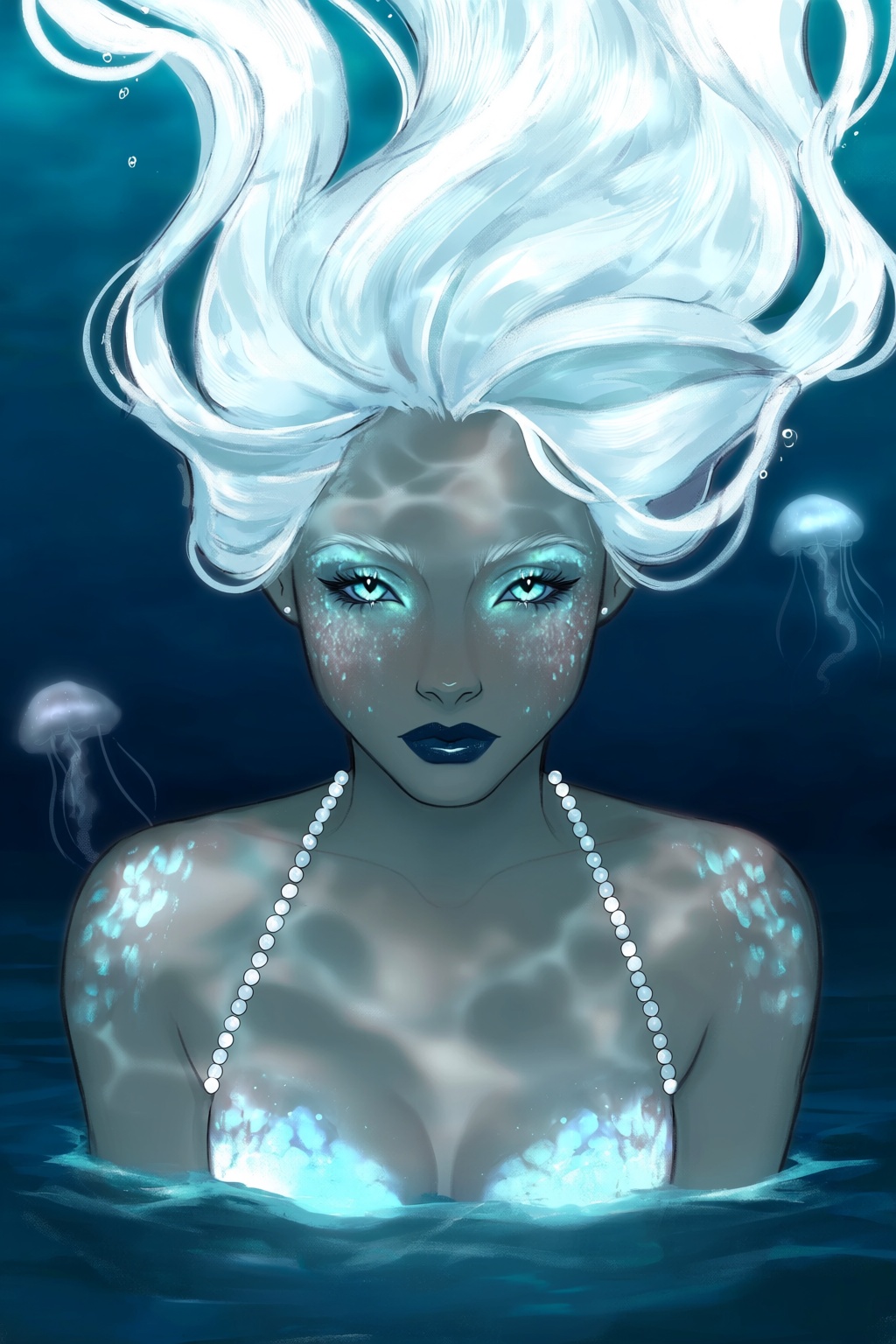 highres,  absurdres,  @gittanart This digital illustration features a mermaid-inspired woman submerged in a dark on Tensor...