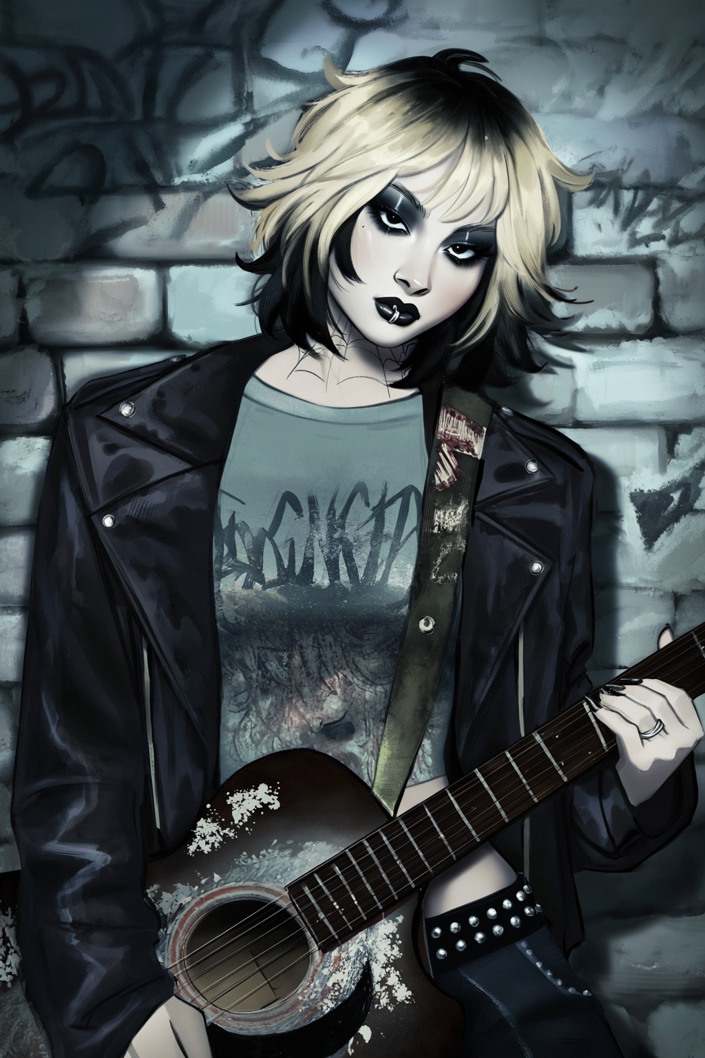 highres,  absurdres,  @gittanart A stylized digital illustration captures a grunge-inspired young woman holding a heavily...