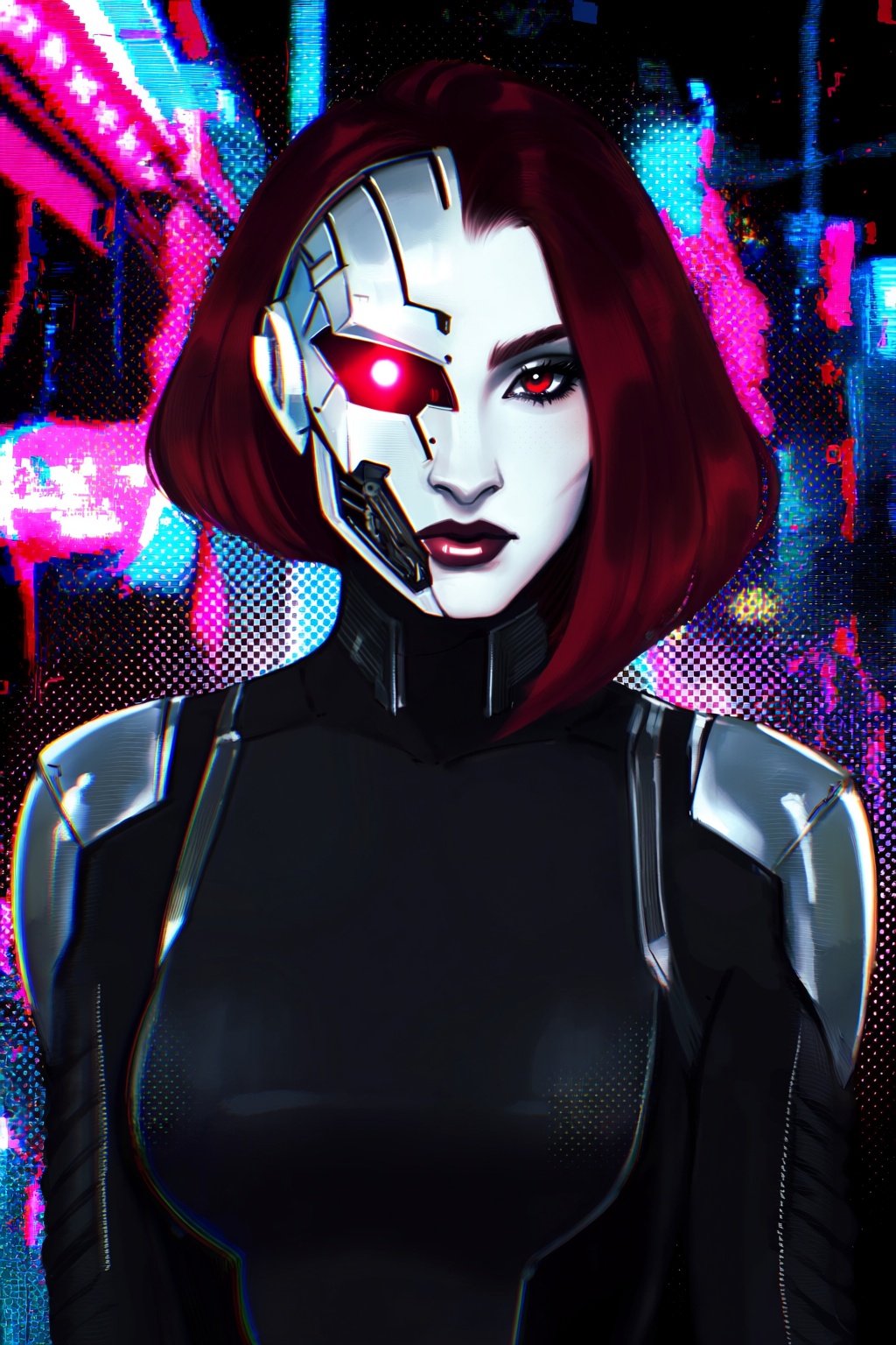 highres,  absurdres,  @gittanart A stylized digital portrait depicts a cyborg woman with half of her face replaced by slee...