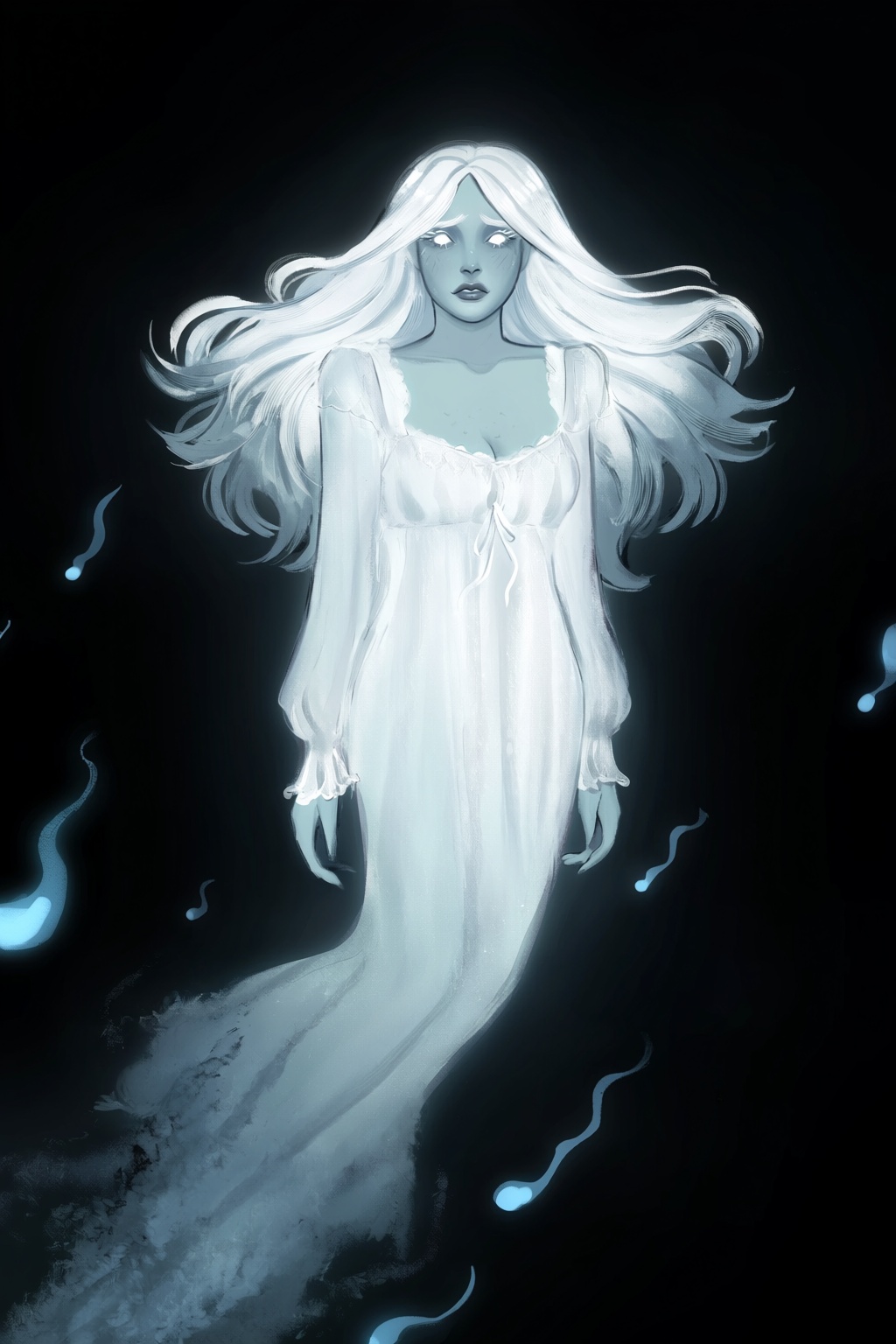 highres,  absurdres,  @gittanart A stylized digital painting depicts a melancholic ghost woman floating against a pitch-bl...