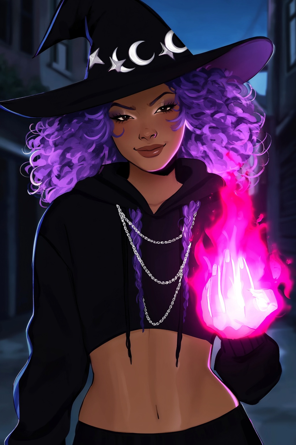 highres,  absurdres,  @gittanart A stylized digital illustration depicts a modern-day witch with a confident smirk. She ha...