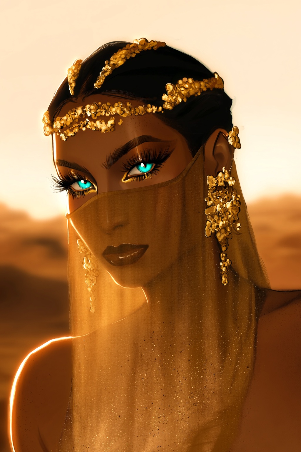 highres,  absurdres,  @gittanart A digital portrait depicts a striking individual with deep bronze skin on Tensor.Art
