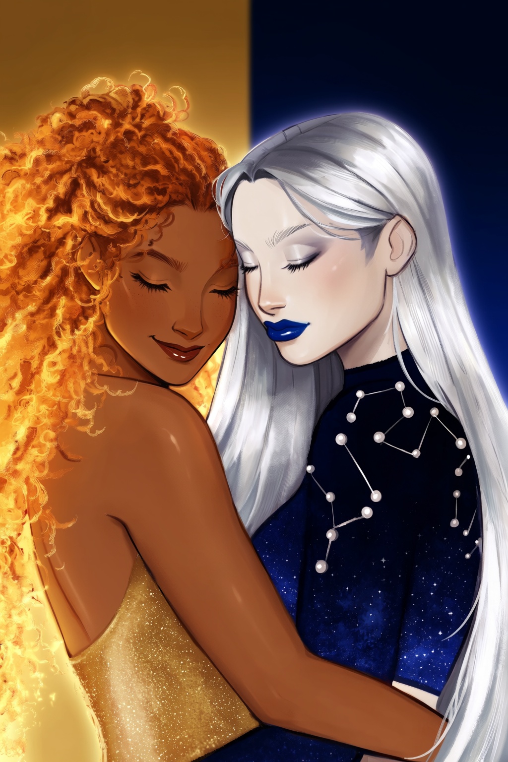 highres,  absurdres,  @gittanart This digital illustration portrays two women embracing against a split-toned background o...