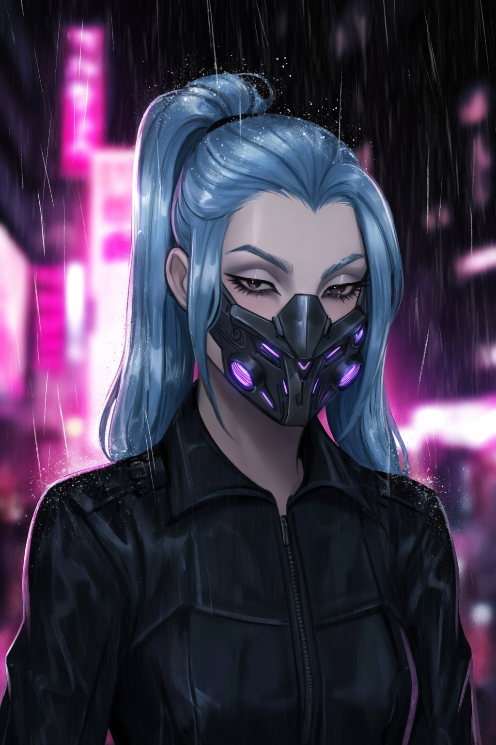 highres,  absurdres,  @gittanart A digital portrait captures a futuristic assassin against a rainy on Tensor.Art