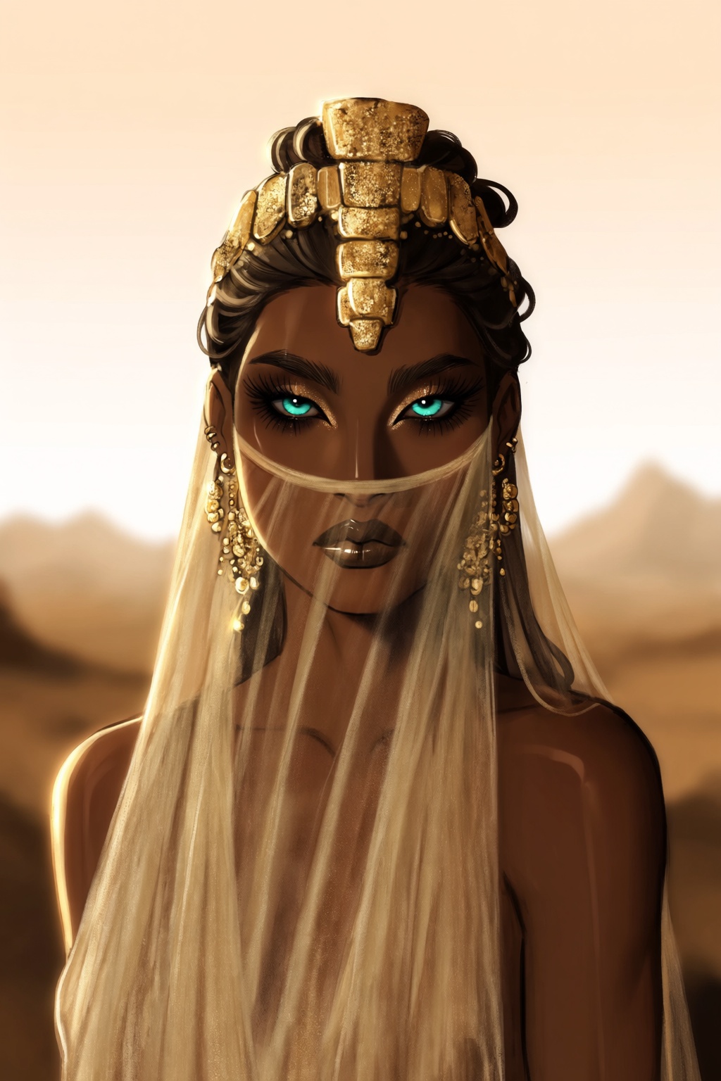 highres,  absurdres,  @gittanart A digital portrait depicts a striking individual with deep bronze skin on Tensor.Art