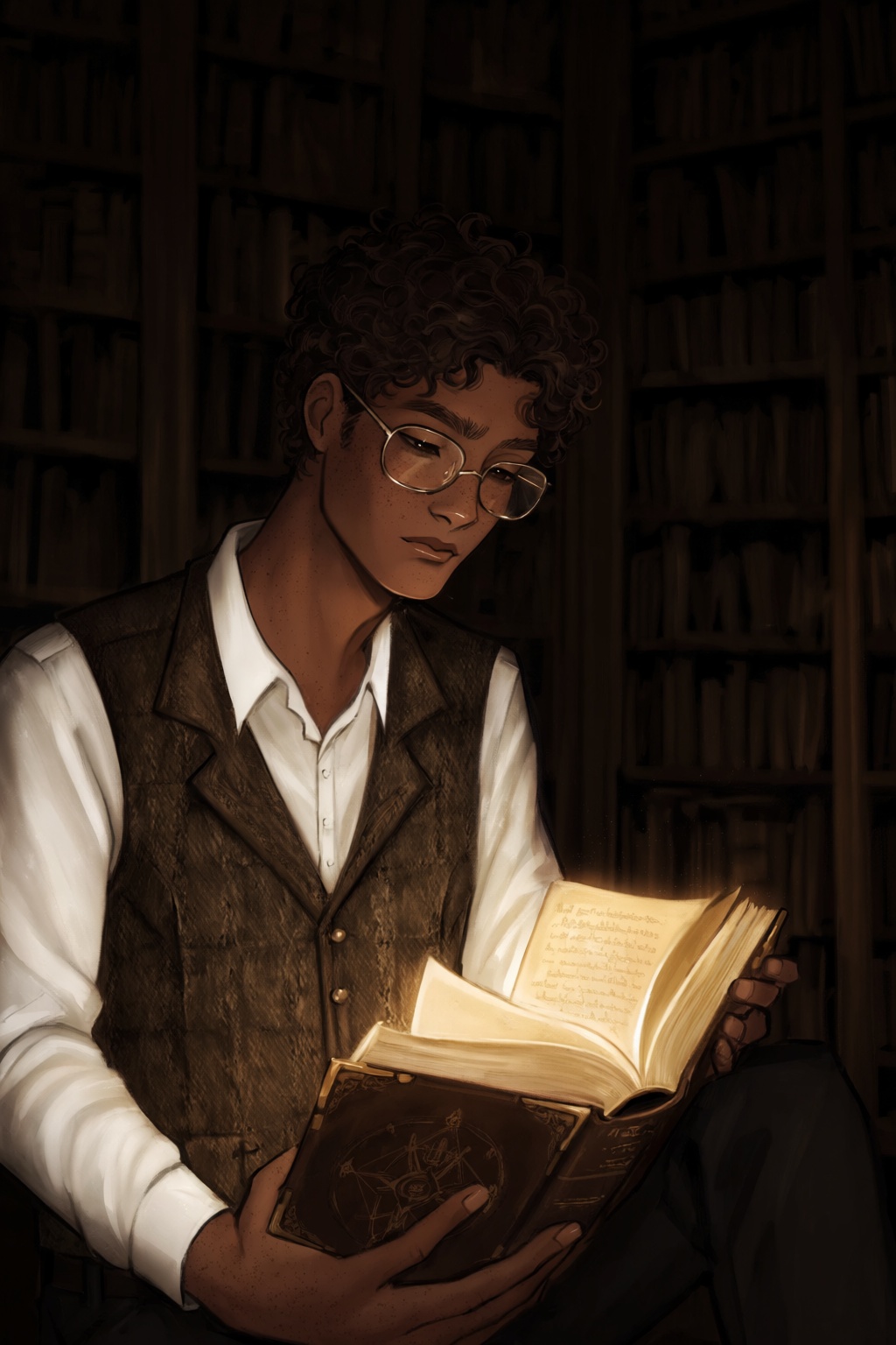 highres,  absurdres,  @gittanart This digital painting depicts a thoughtful student immersed in a dark academia setting. T...