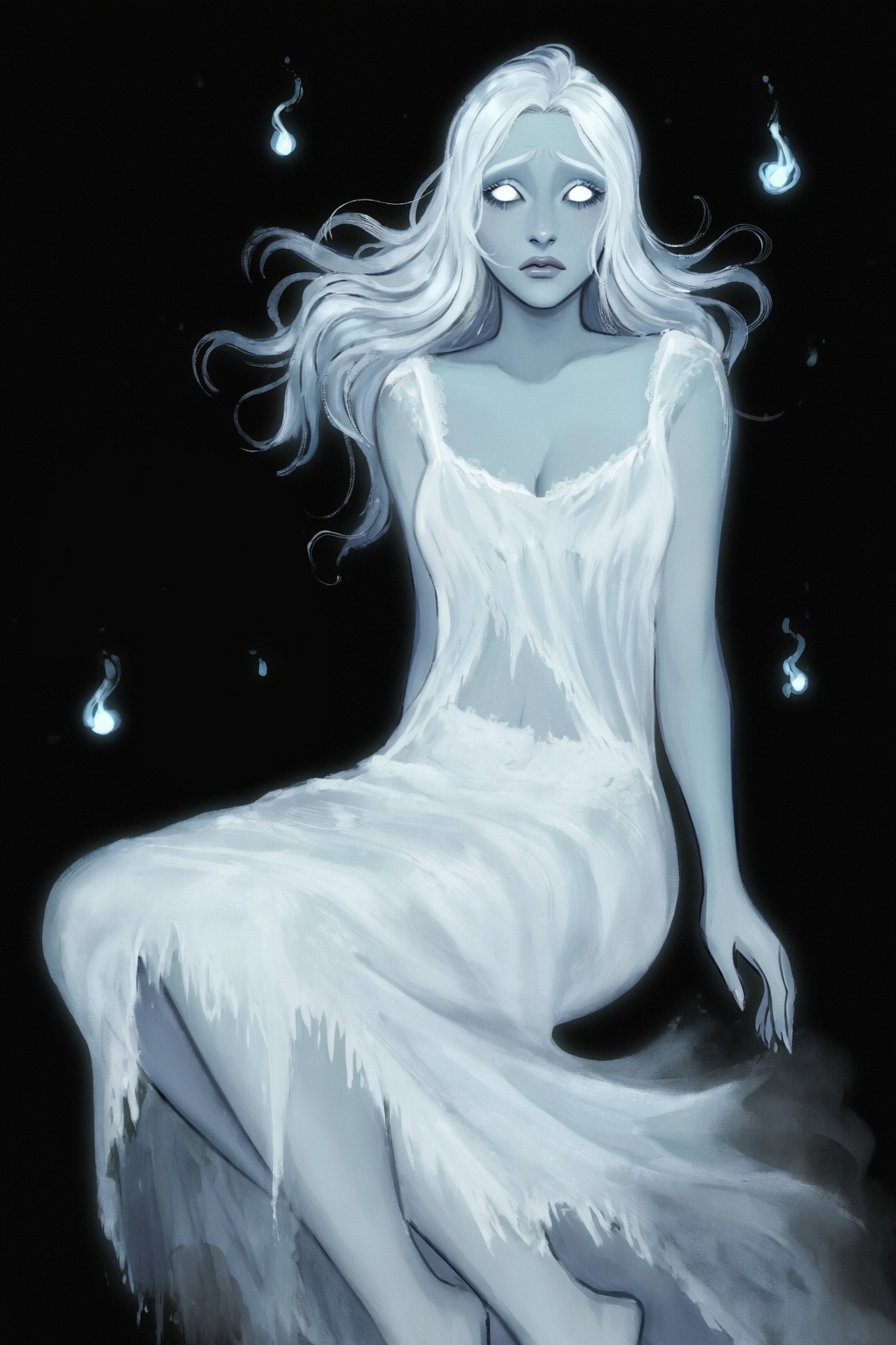 highres,  absurdres,  @gittanart A stylized digital painting depicts a melancholic ghost woman floating against a pitch-bl...