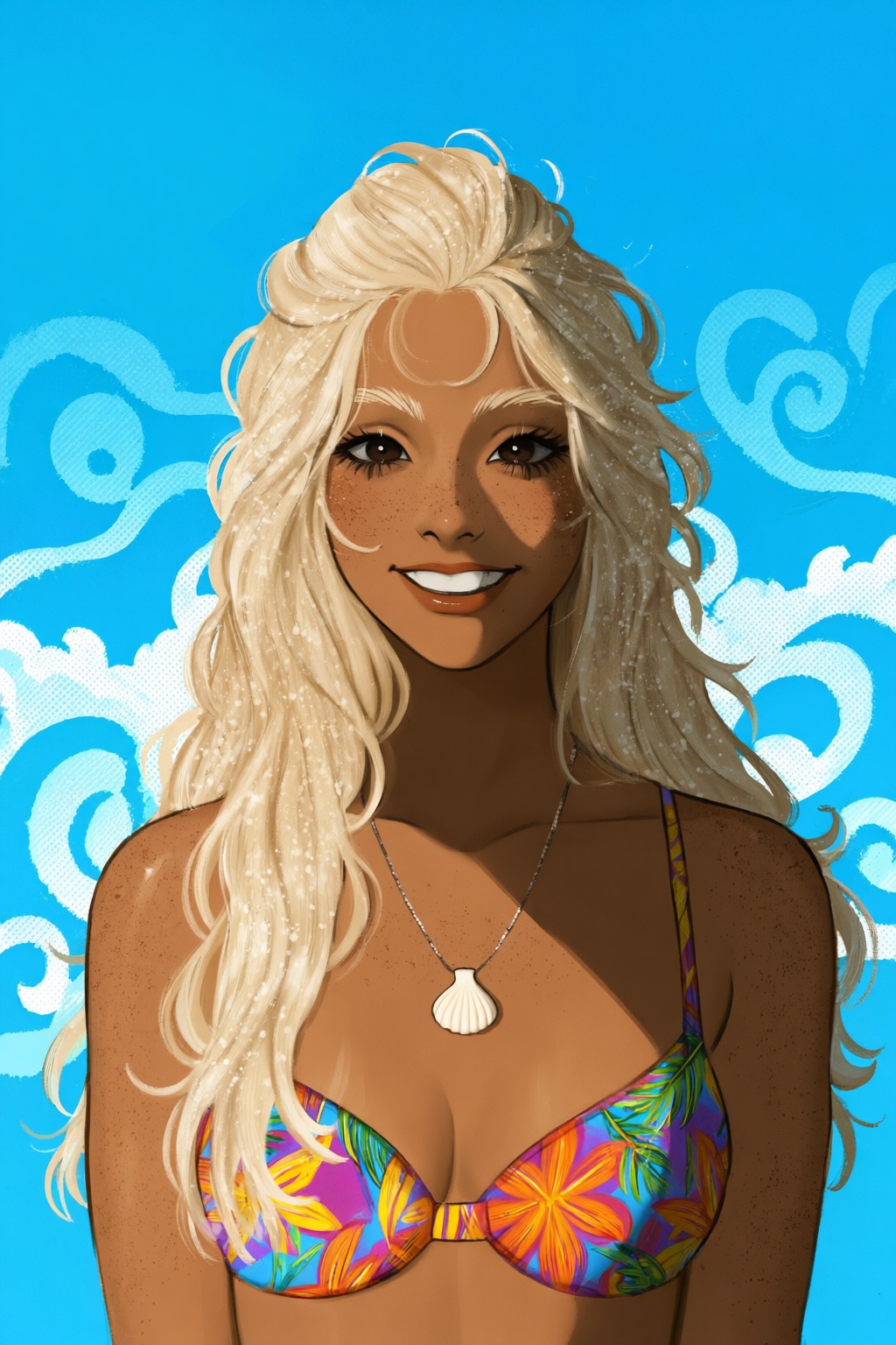 highres,  absurdres,  @gittanart A stylized digital illustration features a sun-tanned young woman with long on Tensor.Art