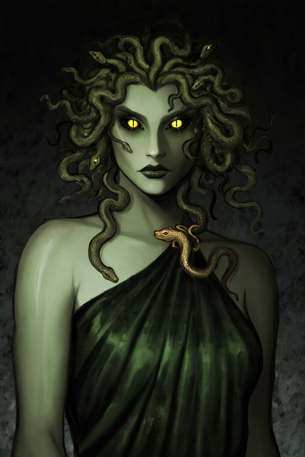 highres,  absurdres,  @gittanart This striking digital portrait features a modern interpretation of Medusa. She possesses...