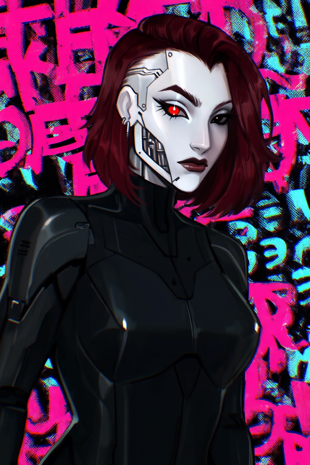 highres,  absurdres,  @gittanart A stylized digital portrait depicts a cyborg woman with half of her face replaced by slee...