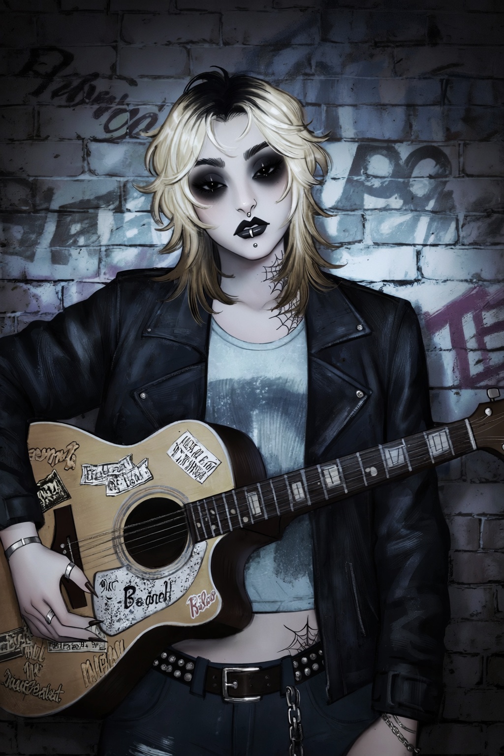 highres,  absurdres,  @gittanart A stylized digital illustration captures a grunge-inspired young woman holding a heavily...