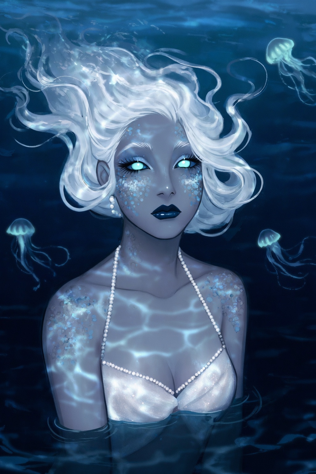 highres,  absurdres,  @gittanart This digital illustration features a mermaid-inspired woman submerged in a dark on Tensor...