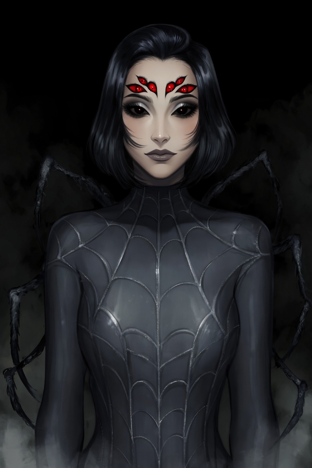 highres,  absurdres,  @gittanart A digital painting portrays a terrifying yet elegant woman with a dark spider motif. She...