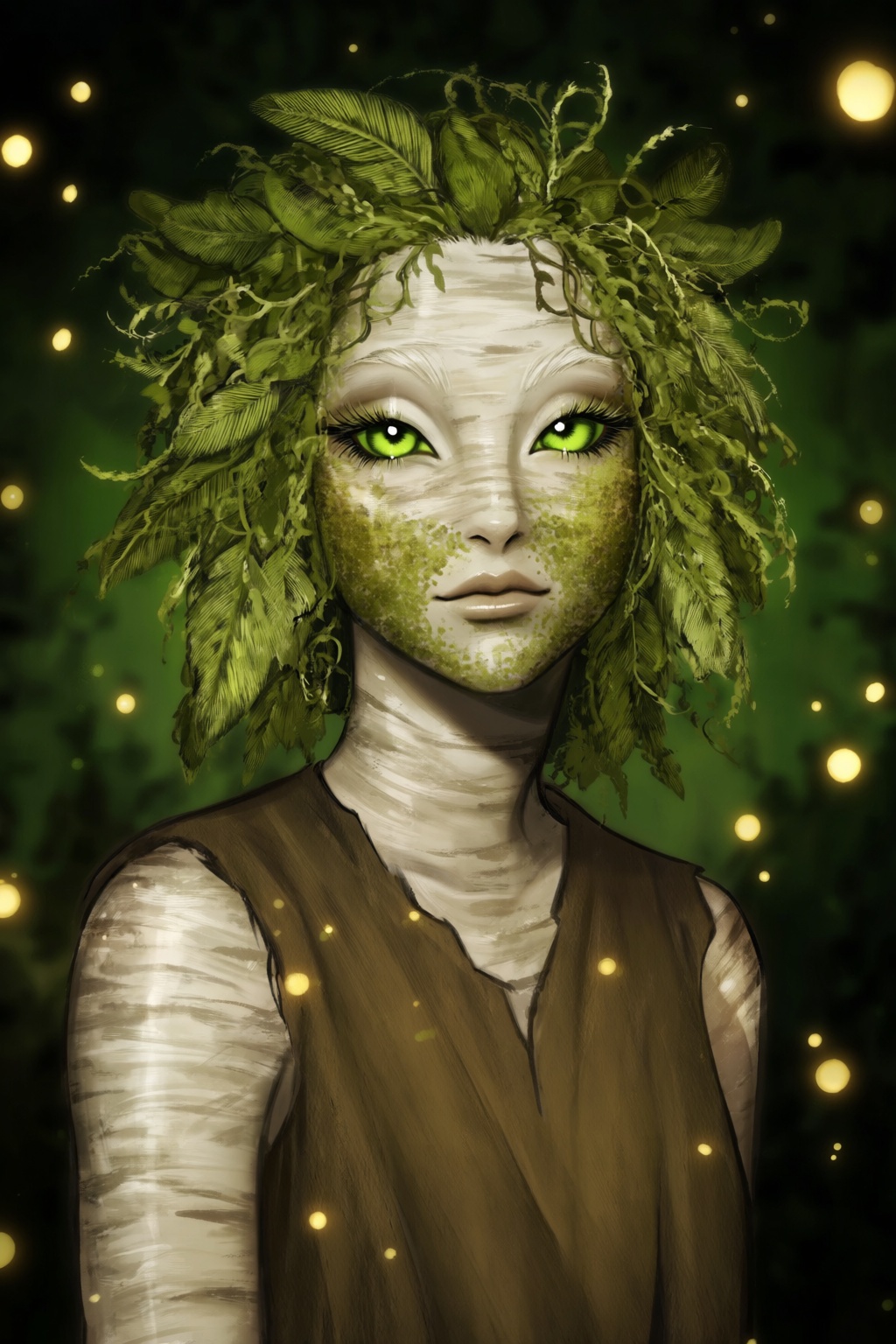 highres,  absurdres,  @gittanart This stylized digital illustration features an ethereal forest spirit. The character has...