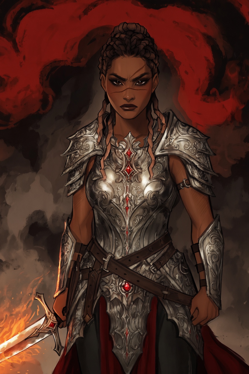 highres,  absurdres,  @gittanart A digital illustration depicts a fierce warrior woman standing against a backdrop of swir...
