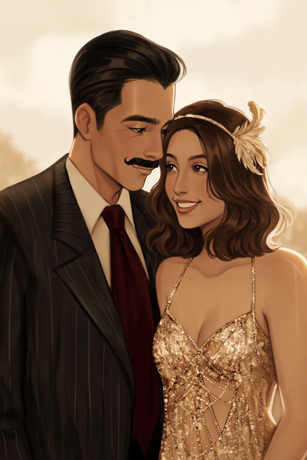 highres,  absurdres,  @gittanart This digital painting features an intimate portrait of a romantic couple standing close t...