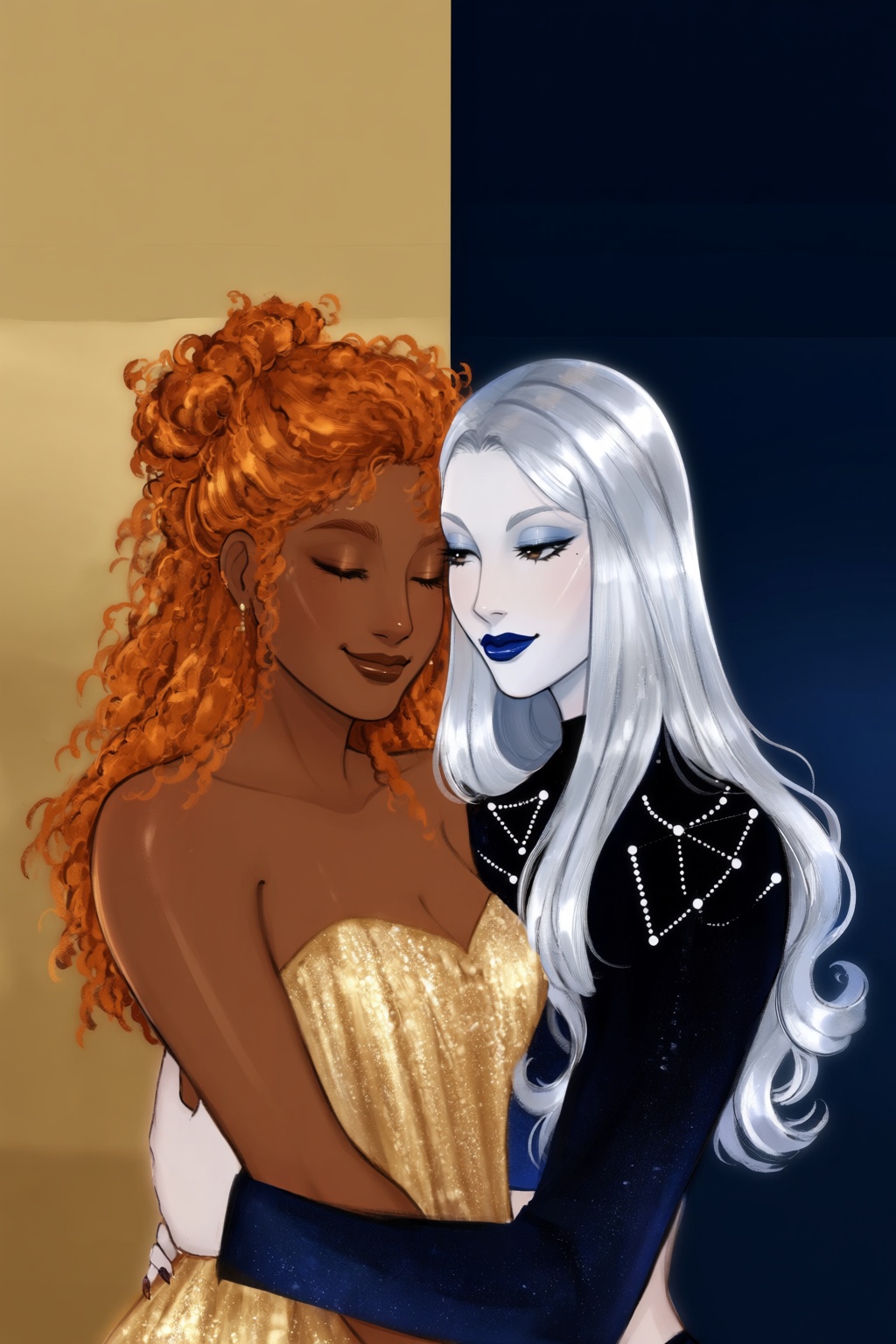 highres,  absurdres,  @gittanart This digital illustration portrays two women embracing against a split-toned background o...