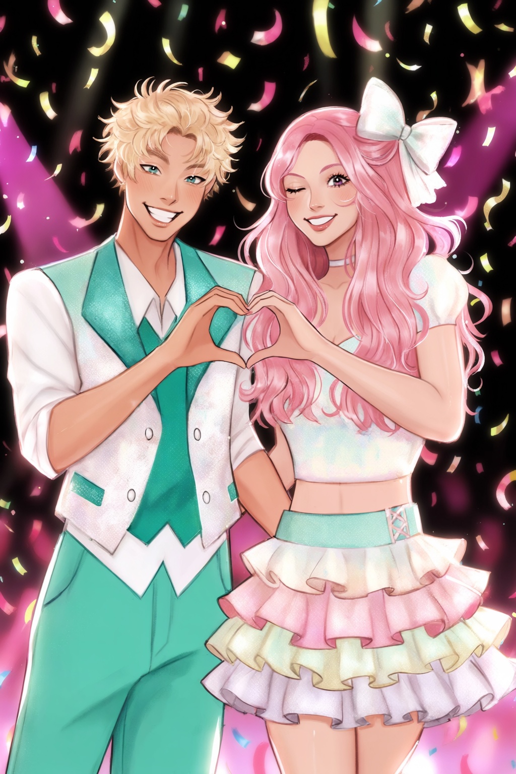 highres,  absurdres,  @gittanart A vibrant digital illustration portrays a cheerful pop idol couple standing side-by-side....