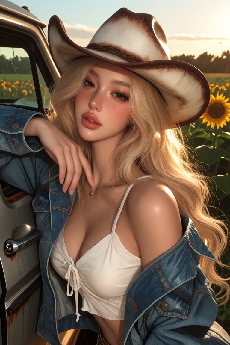 Close-up portrait of a young woman leaning against the open door of an old silver pickup truck parked in a sunflower field...