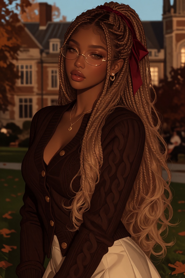 Photorealistic fashion portrait of a young African-American woman with warm deep brown skin and long honey-blonde micro br...