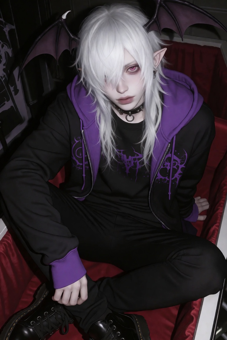 a half-body image of a 1boy with bat wings,  black nails,  ear piercing on Tensor.Art