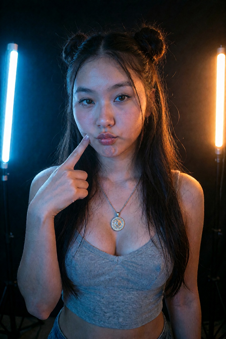 A medium shot of a young East Asian woman posing playfully,  pointing a finger to her cheek with a cute pouty expression....