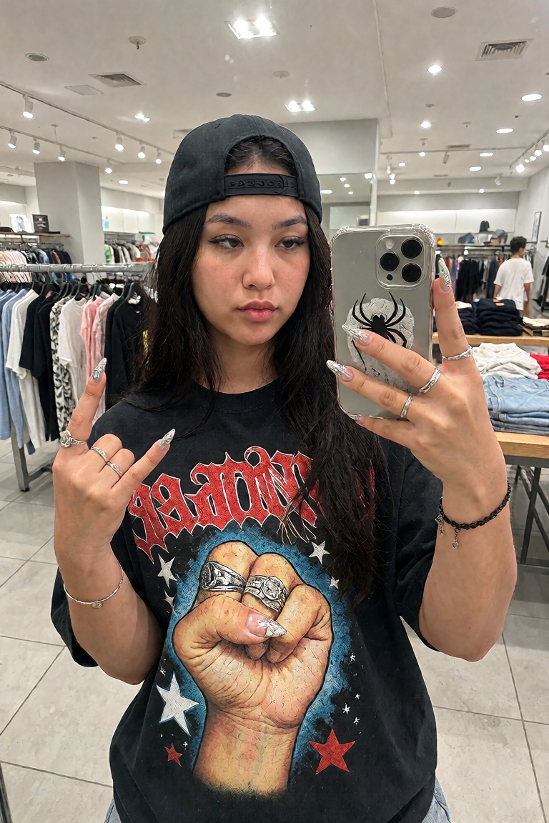 A mirror selfie of a stylish East Asian woman with long dark hair,  wearing a black baseball cap backwards. She wears an o...