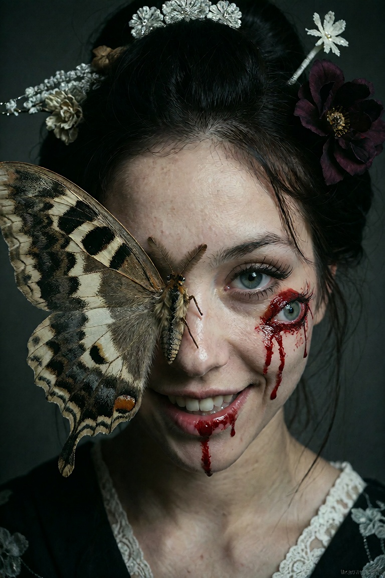 Creepy and ethereal close-up portrait of a woman with pale geisha-like skin and a dark elaborate updo adorned with dark fl...