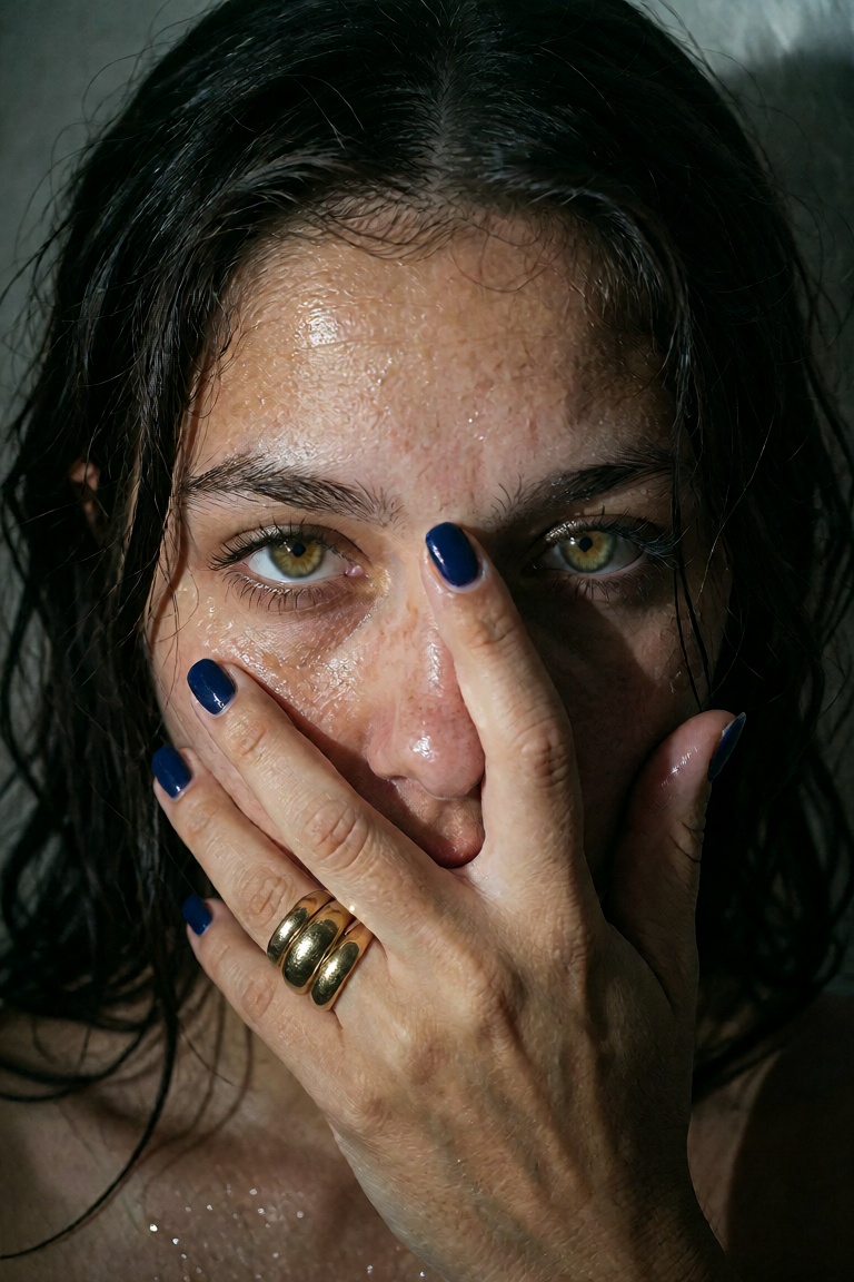 Close-up dramatic portrait of a person with wet,  messy dark hair and striking amber-yellow eyes staring intensely at the...