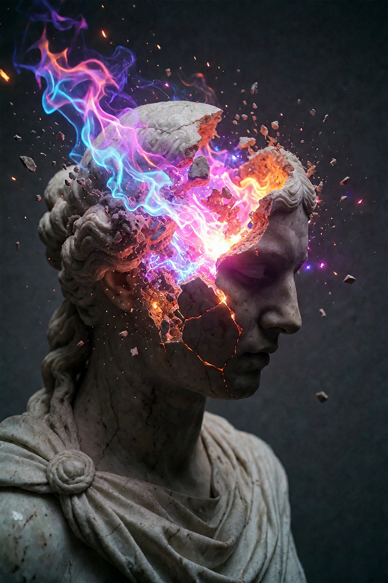 A cinematic,  side-profile shot of a classic marble statue whose head is fractured and exploding with vibrant,  multicolor...
