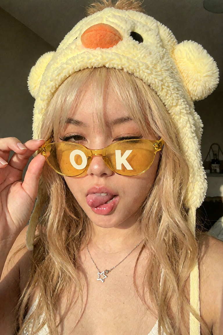 A playful,  close-up selfie portrait of a cute young East Asian woman with long,  wavy blonde hair and soft bangs. She is...