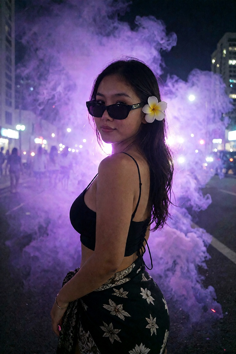 A cinematic,  medium-shot portrait of a stylish East Asian woman posing outdoors at night,  surrounded by dramatic purple...