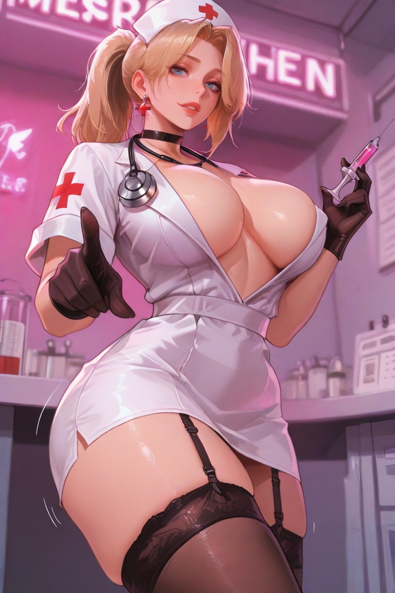 The image depicts a stunning blonde woman,  dressed in a provocative nurse's uniform,  complete with a red cross on her ha...
