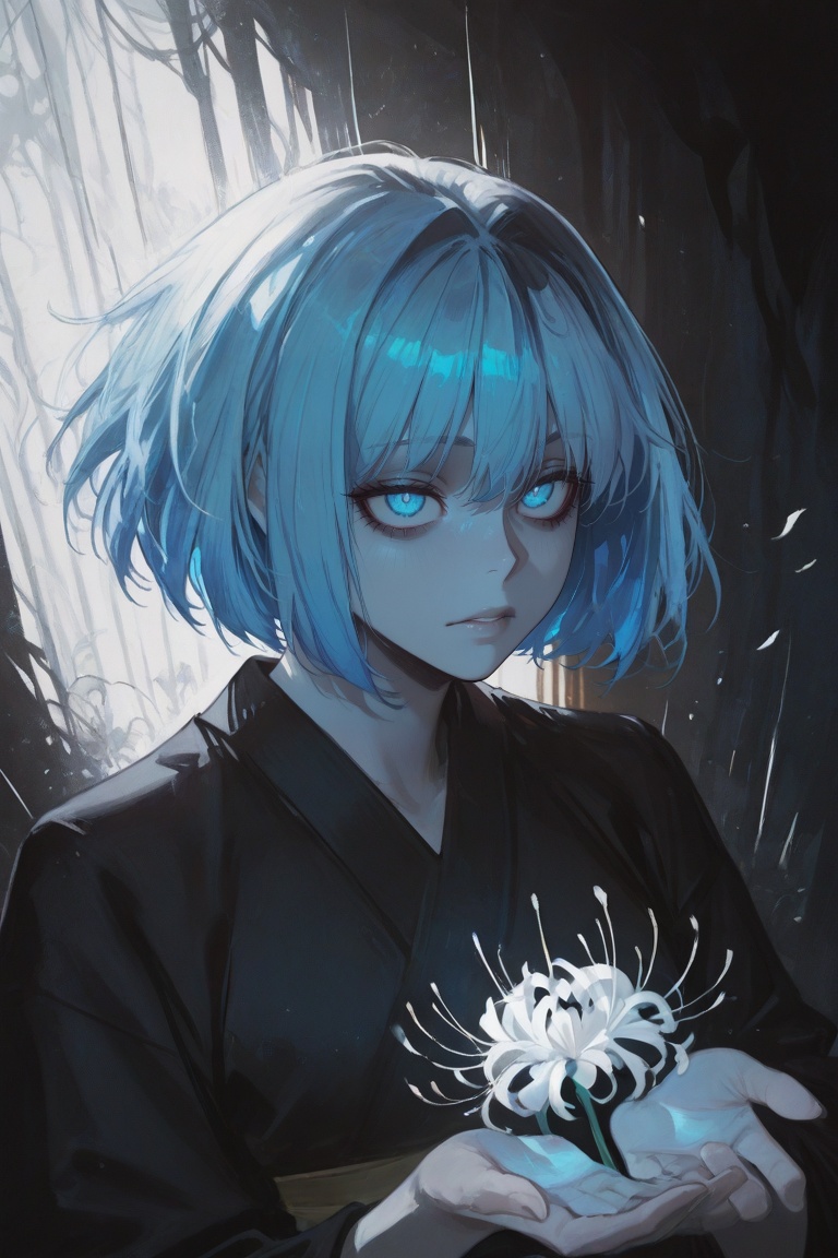 a mysterious character with short blue hair,  intense gaze,  face partially obscured by deep black shadows on Tensor.Art