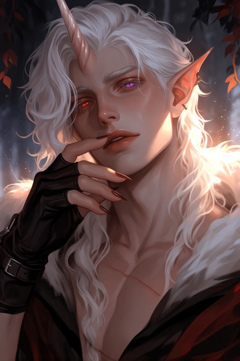 Create a solo image featuring a male figure with long,  wavy white hair and heterochromia,  one eye red and the other a pu...