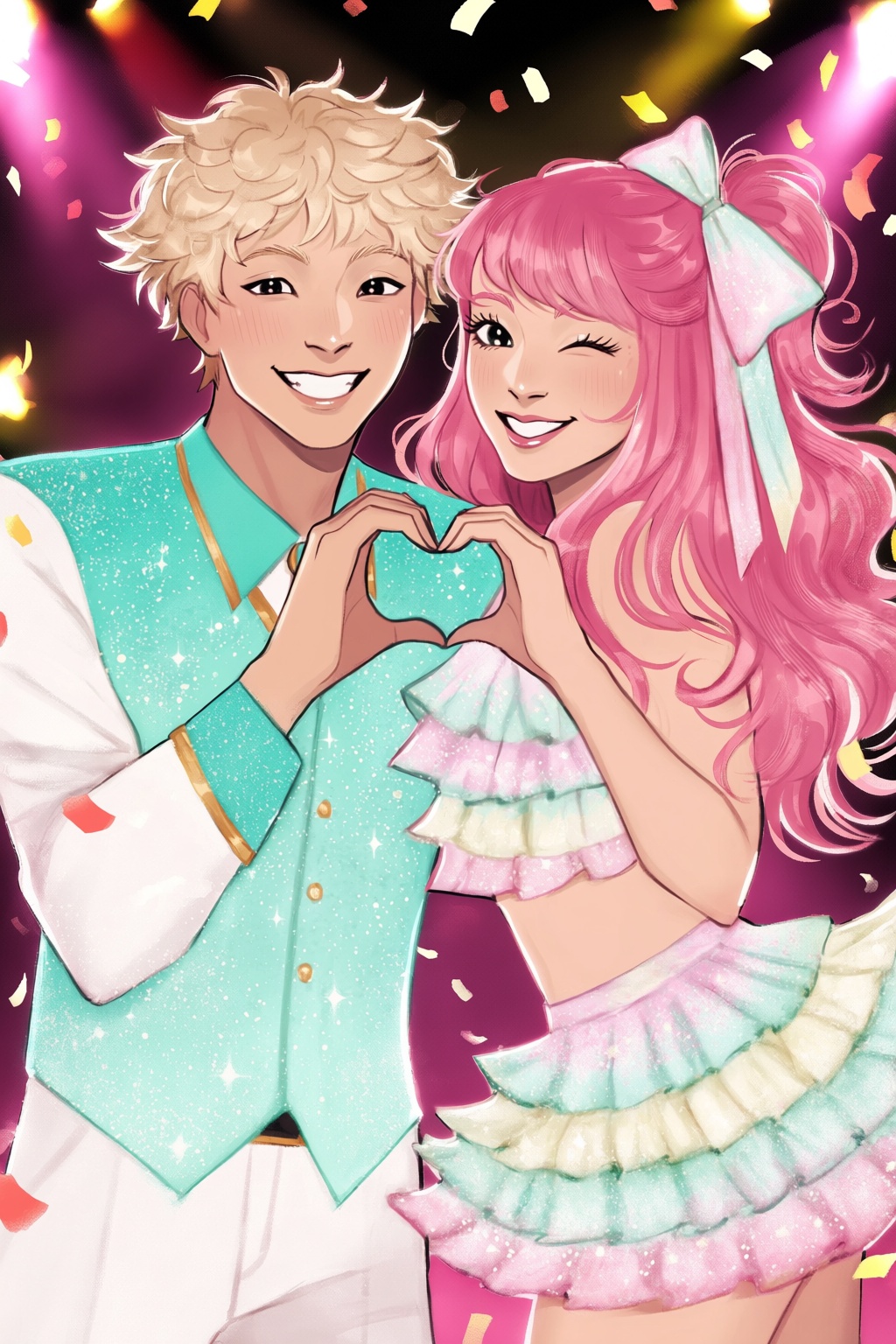 highres,  absurdres,  @gittanart A vibrant digital illustration portrays a cheerful pop idol couple standing side-by-side....