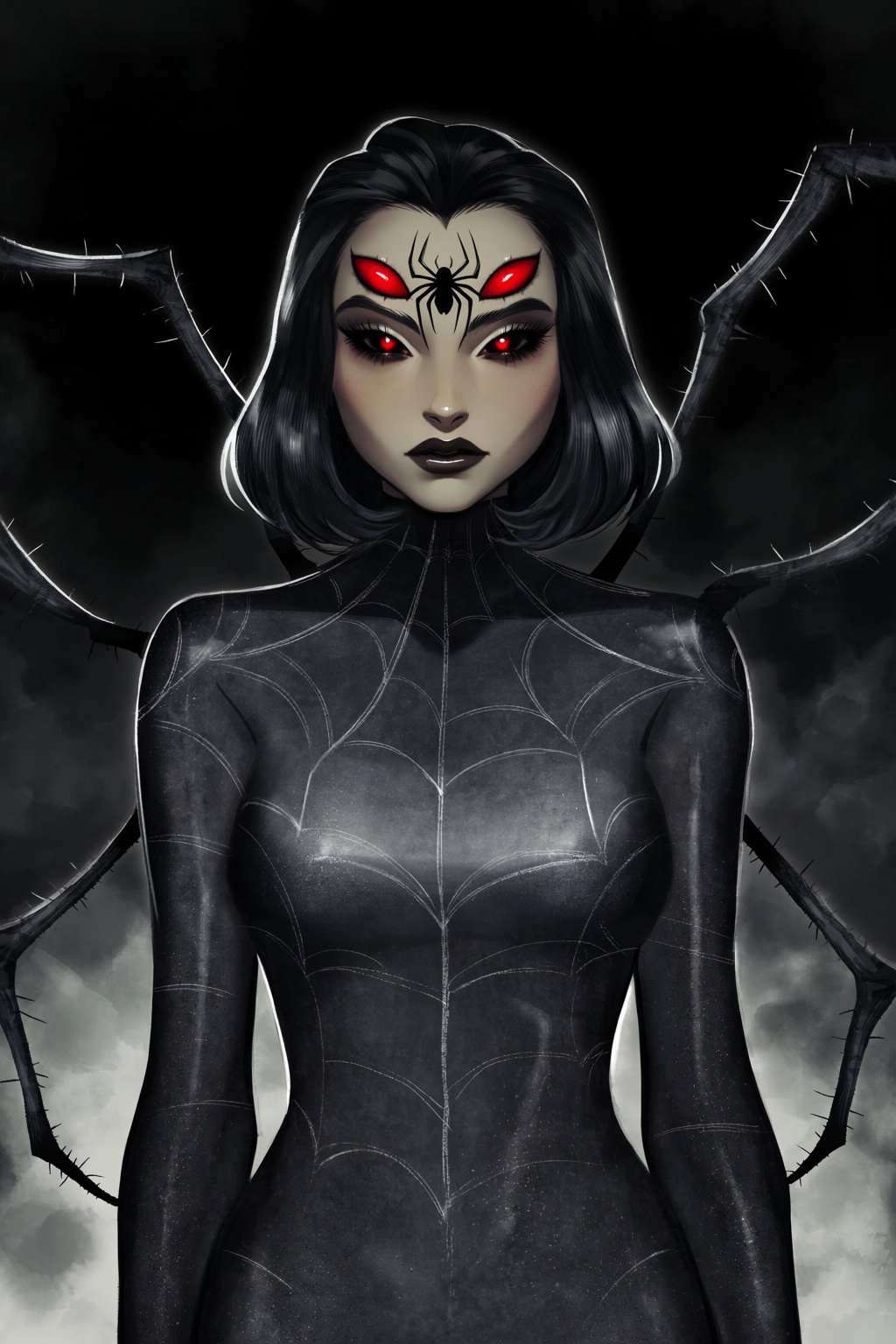 highres,  absurdres,  @gittanart A digital painting portrays a terrifying yet elegant woman with a dark spider motif. She...