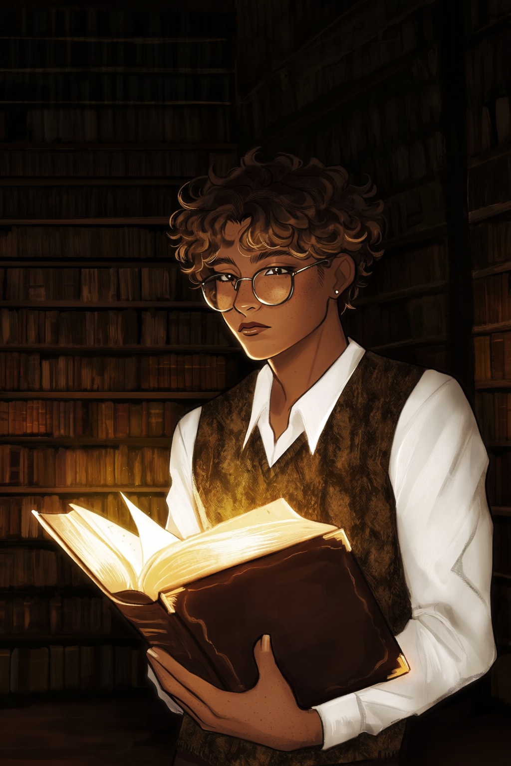 highres,  absurdres,  @gittanart This digital painting depicts a thoughtful student immersed in a dark academia setting. T...
