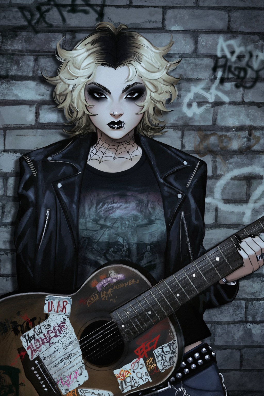 highres,  absurdres,  @gittanart A stylized digital illustration captures a grunge-inspired young woman holding a heavily...