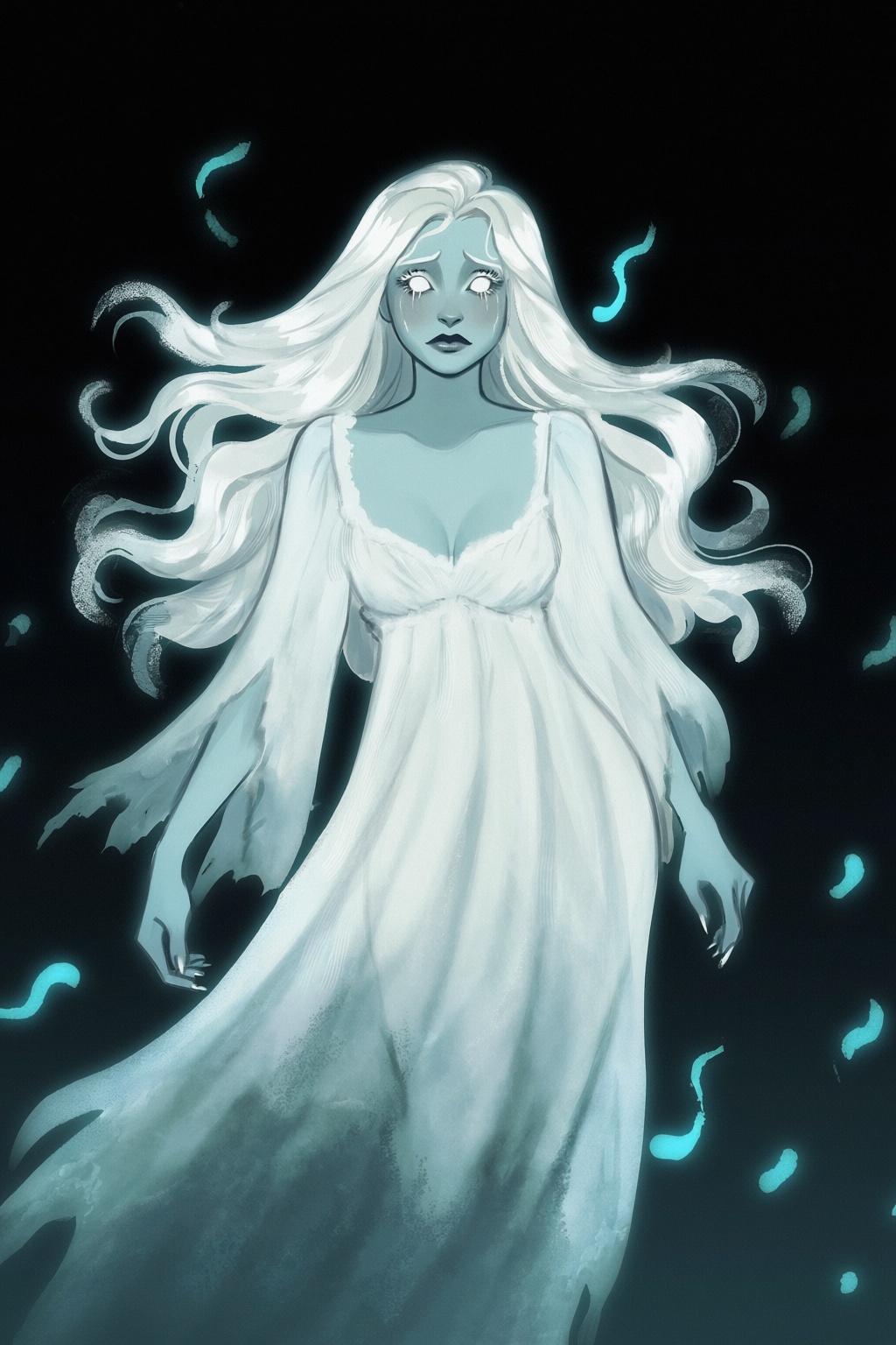 highres,  absurdres,  @gittanart A stylized digital painting depicts a melancholic ghost woman floating against a pitch-bl...