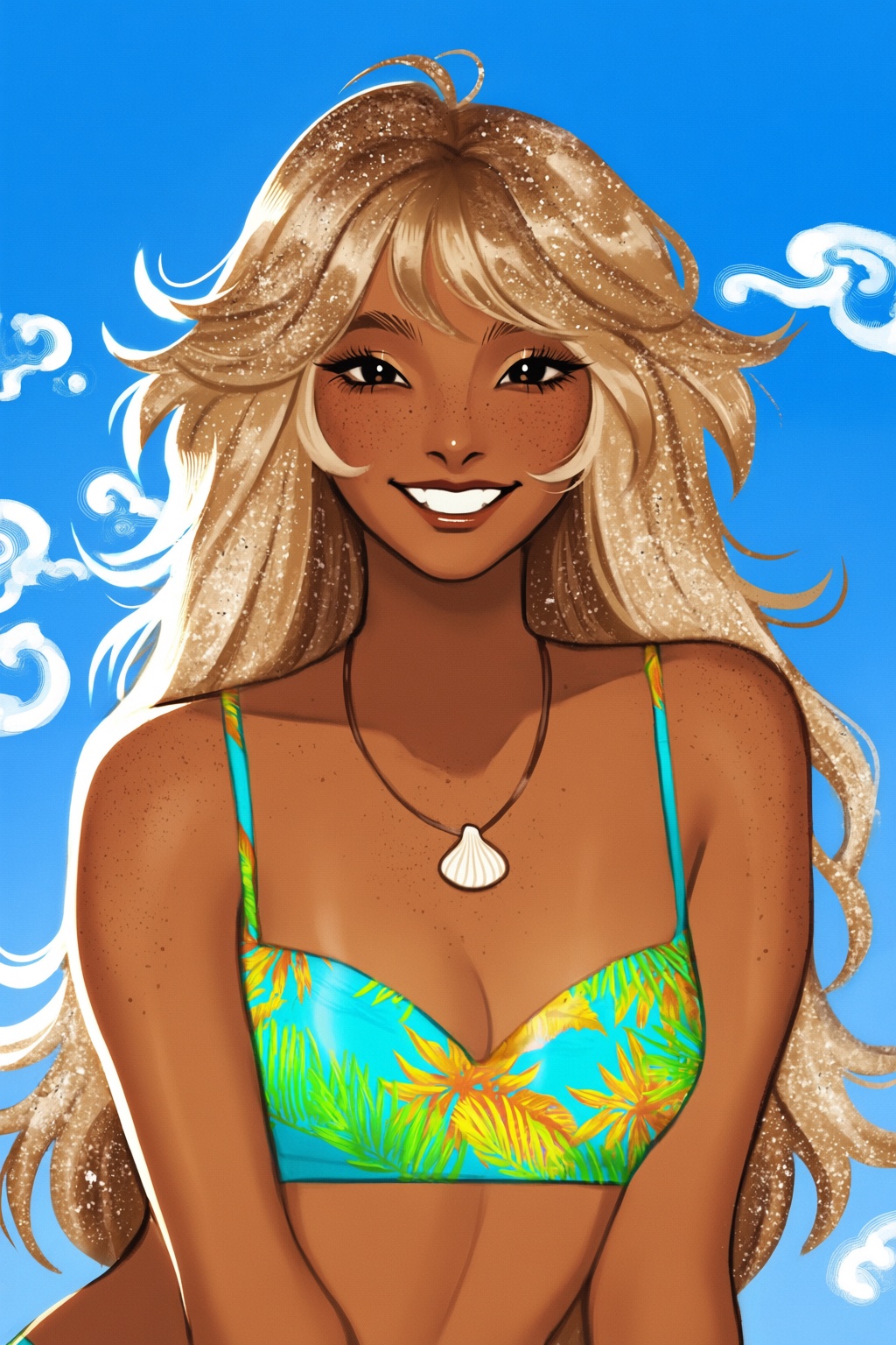 highres,  absurdres,  @gittanart A stylized digital illustration features a sun-tanned young woman with long on Tensor.Art